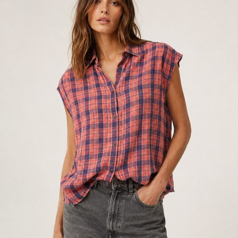 IRO Kenna sleeveless Button up Blouse Red Plaid Size Medium